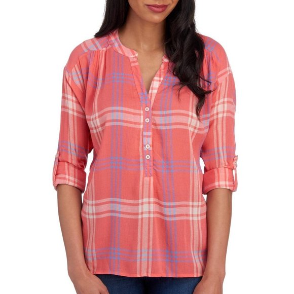 Nine West Georgia Iconic Plaid High Low Long Sleeve Top in Pink - Size S - Picture 1 of 6